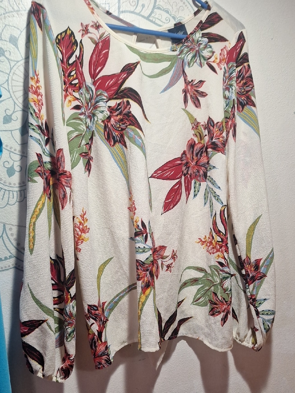 Floral Print Long-Sleeve Blouse - White with Red & Green Floral